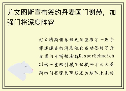 尤文图斯宣布签约丹麦国门谢赫，加强门将深度阵容