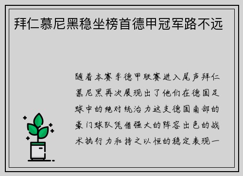 拜仁慕尼黑稳坐榜首德甲冠军路不远